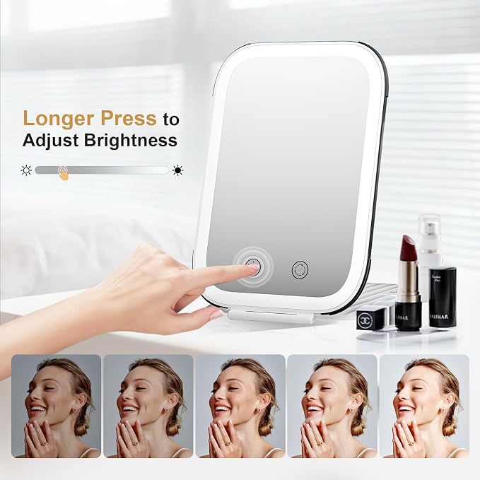 FUNTOUCH 2000mAh Rechargeable Travel Makeup Mirror with Lights | Light up Portable Vanity Mirror with 80 LEDs,Brightness Adjustable,3 Lighting, Dimming Compact Mirror