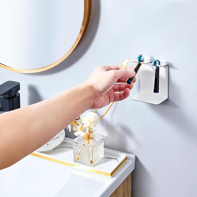 Electric Toothbrush Head Holder, Tooth Brushing Holder, Wall Mounted Toothbrush Holders Shower Bathroom, Self Adhesive or Desktop Tooth Brush Holder Organiser (White, Small)