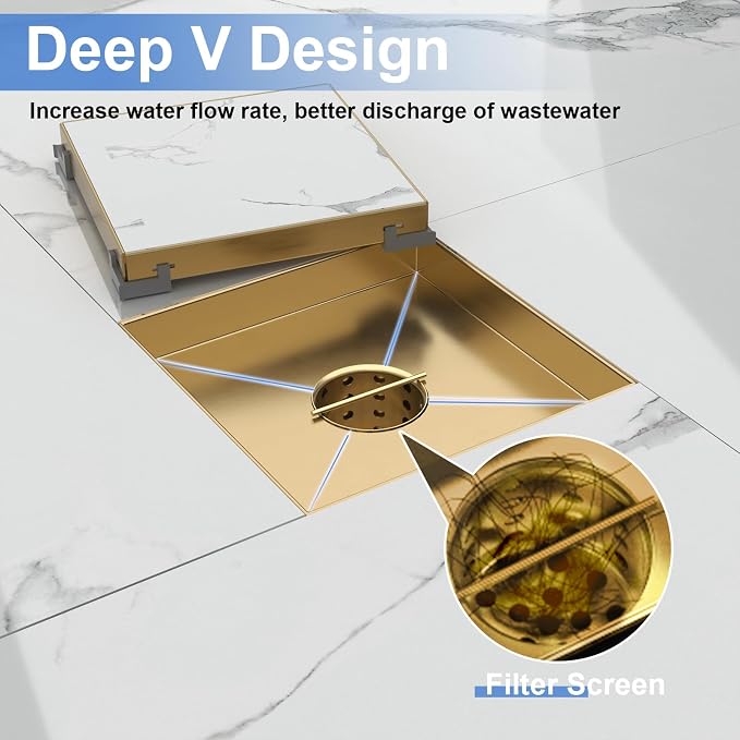 6-Inch Square Shower Drain with Tile Insert Grate, SUS 304 Stainless Steel Shower Floor Drain Kit with Hair Strainer (Brushed Gold)