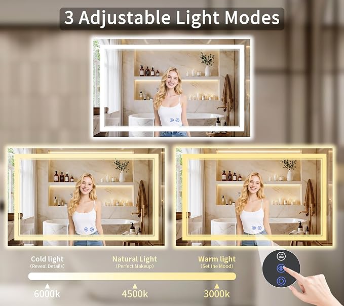 40"x55" LED Bathroom Mirror with Lights, Anti-Fog, Backlit + Front Lit, Dimmable, Led Vanity Mirror for Wall, Lighted Bathroom Mirror, 4 Colors, Shatter-Proof Tempered Glass