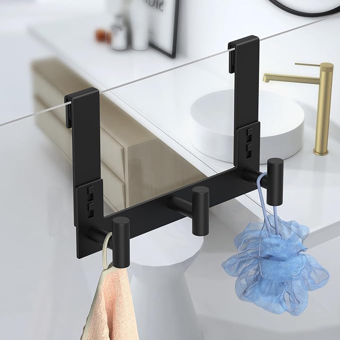 Extended Robe Door Hooks, Heavy Duty Stainless Steel Towel Hooks for Frameless Glass Shower Doors, Towel Hanger Rack, Shower Hooks for Bathroom (Black-3 Hooks, 1 Pack)