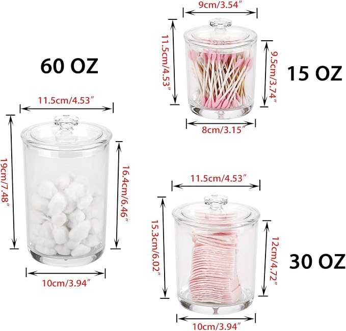 Hipiwe Clear Plastic Apothecary Jars with Lid, Set of 3 Large Q-Tips Holder | Bathroom Storage Canister Jar Cotton Ball and Swab Organizer, 60-Ounce, 30-Ounce and 15-Ounce