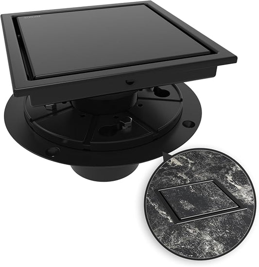 WEBANG 6 Inch Square Shower Drain Black Floor Drain with Flange Reversible 2-in-1 Cover Tile Insert Grate Removable SUS304 Stainless Steel CUPC Certified Matte Black