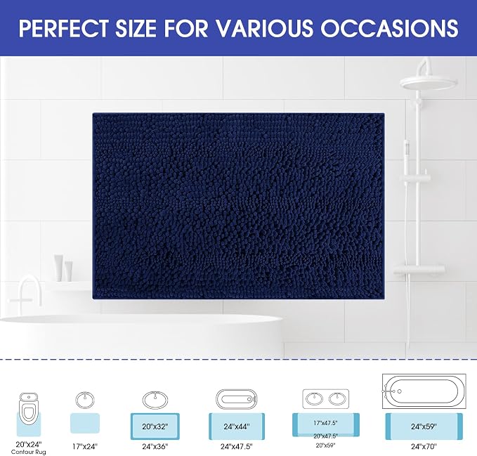 ACCUMTEK Striped Navy Blue Bathroom Rug Mat 44"x24" Ultra Soft, Non Slip Chenille Bath Rugs, Absorbent Plush Shaggy Bath Mats for Bathroom, Bedroom, Kitchen, Shower, Tub