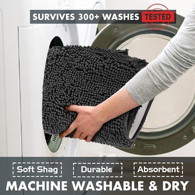 LuxUrux 4-Piece Bathroom Rug Set - Soft Chenille Mats, Non-Slip Toilet Mat & Lid Cover for Comfort & Style (20x20 U, 16x24, 20x30 & 19x19 inches, Black)