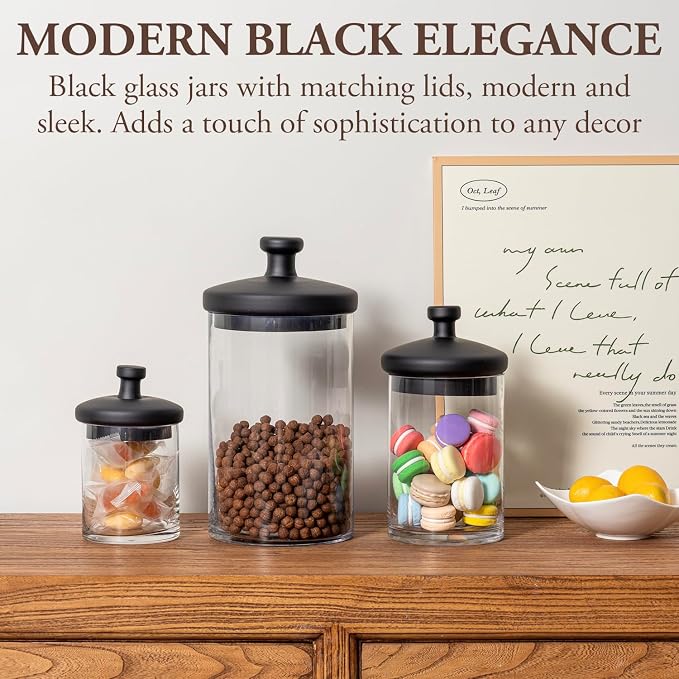 MyGift Glass Apothecary Jars with Black Lids, Set of 3 Storage Canisters | Decorative glass apothecary jars with black lids provide stylish storage for kitchens, bathrooms, candy buffets, and events