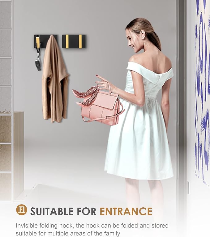 2 Pack，Waterproof Black Gold Wall Hooks，Foldable Towel Hooks for Bathrooms，Coat Hooks Wall Mounted，Free Perforated，Modern Coat Hooks，Bathroom Towel Hooks，Towel Door Hooks，Also for Balcony，Kitchen.
