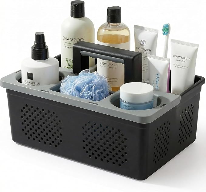 KMV Dorm Room Portable Shower Caddy with Adjustable Compartments - Ventilated Drainage Design with Handles, Perfect Toiletries Organizer for College Dorms-black
