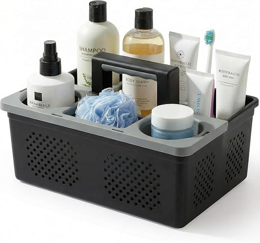 KMV Dorm Room Portable Shower Caddy with Adjustable Compartments - Ventilated Drainage Design with Handles, Perfect Toiletries Organizer for College Dorms-black