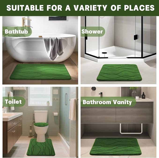 Bathroom Rugs Set 3 Piece, Memory Foam Bath Mat Green | Ultra Soft, Absorbent, Non-Slip, Machine Washable, for Bathroom, Sink and Toilet