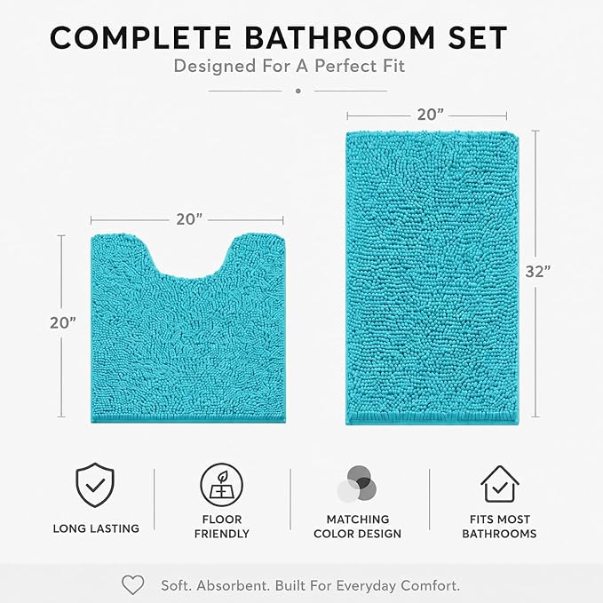 Bathroom Rugs Sets 2 Piece,Super Absorbent Soft,Thick,Machine Washable Chenille Bath Mat,Non Slip Toilet Floor Rug,Bath Mats for Bathroom,20x32 Plus 20x20 U Shape,Light Blue