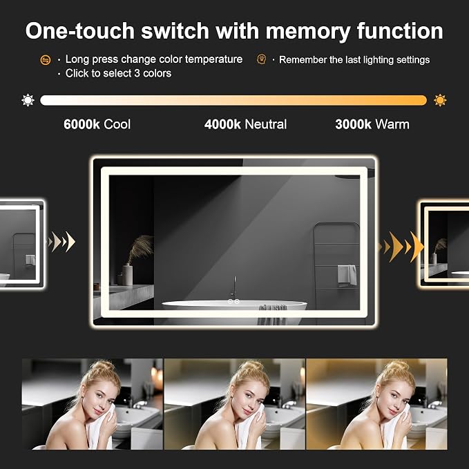 LED Bathroom Mirror with Lights, 30 x 55 Lighted Vanity Wall Mirror | Backlit and Frontlit, Anti-Fog, Dimmable 3 Colors, Shatter-Proof Tempered Glass, Memory Function, Plug-in/Hardwired