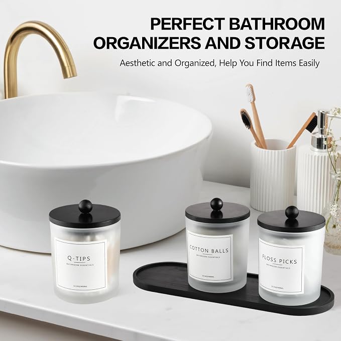 3 Pack Qtip Holder Bathroom Set,Cotton Ball Swab Pad Holder Cotton Round Floss Pick Dispenser with Tray,Glass Apothecary Jars with Lids,Bathroom Organizers and Storage Canisters-Frosted White
