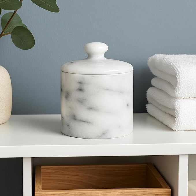 Creative Home Natural Marble Cotton Swab Canister with Lid, Off-White