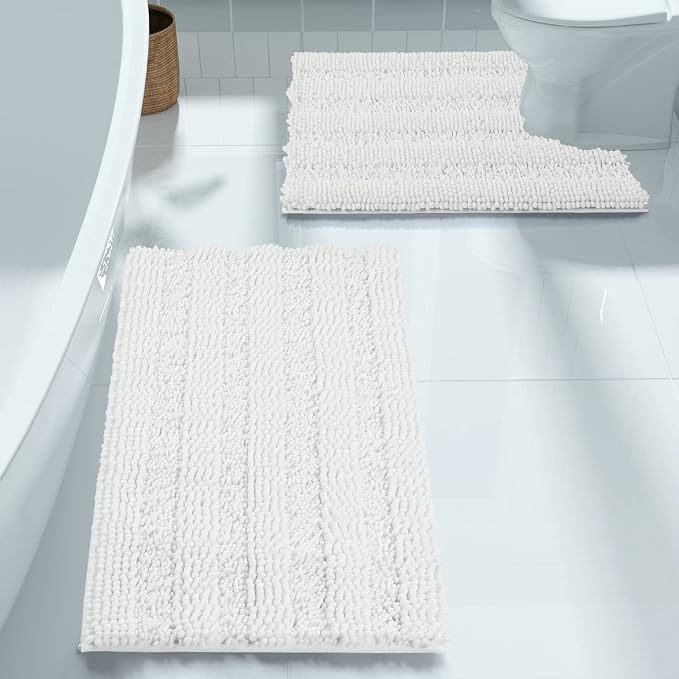 Yimobra U Shaped Toilet Rug Set, Absorbent Chenille, 32x20+24x20, White | Non Slip Machine Washable Quick Dry Bath Mat Set, Soft Plush Shower Rugs for Bathroom Floor Sink Tub and Shower Outside