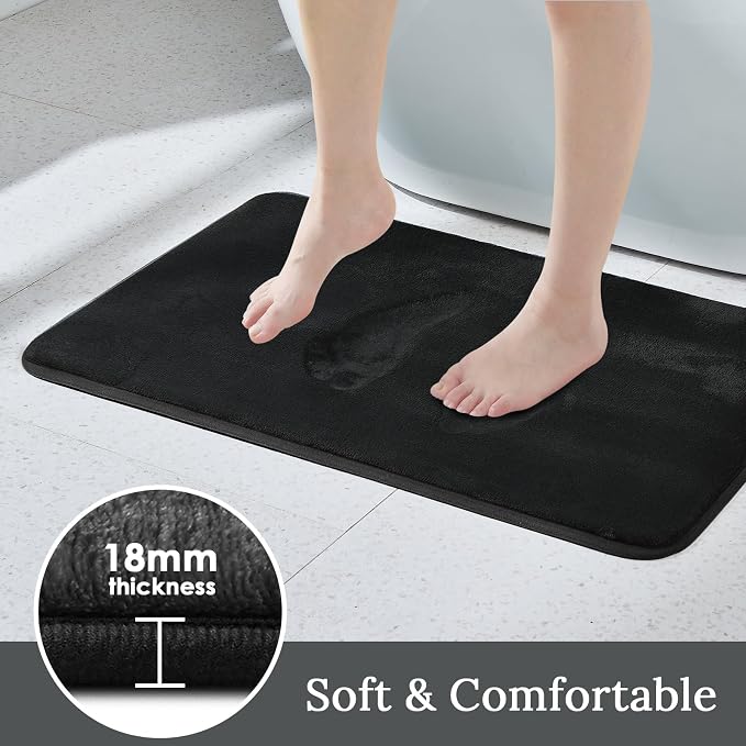 HUXMEYSON 3-Piece Memory Foam Bathroom Rug Set, Black | Quick Dry Velvet Surface, Non-Slip & PVC Backing, Ultra Soft Bath Rugs for Bathroom, 17"x24"+20"x48"+U Shape 20"x24"