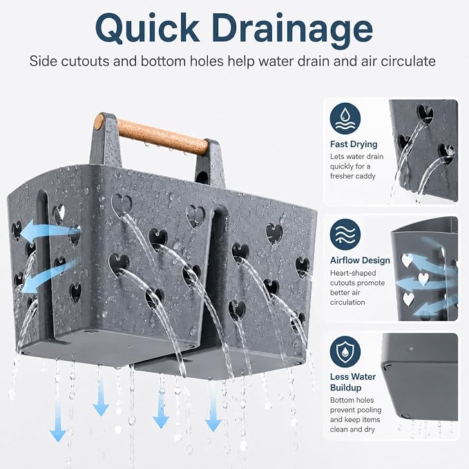 NINU Gray Portable Shower Caddy with Wooden Handle, Large Plastic Shower Basket Tote with 3 Compartments & Drain Holes, Bathroom Organizer for College Dorm, Gym, Camping, Vanity