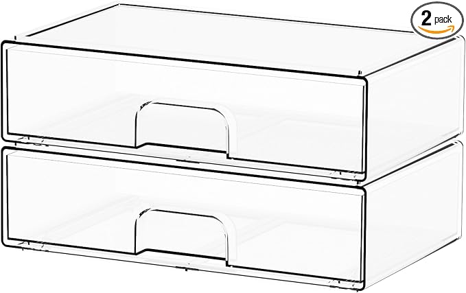 Yieach 12.1''W Clear Stackable Storage Drawers,2 Pack Acrylic Drawer Organizer for Hair Accessories,Makeup Organizers,Plastic Organizer Bins for Vanity,Bathroom,Cabinet,Desktop,Office Supply Organizer