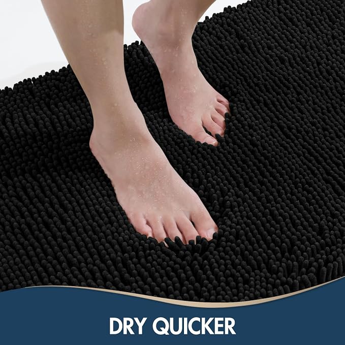 TREETONE Bathroom Rugs Sets, Thick Soft Absorbent 3 Piece Chenille Bath Rugs, Non-Slip, Dry Quickly, Machine Washable, Shaggy Mats with U-Shaped Toilet Rug for Bathroom Floor, Tub and Shower, Black