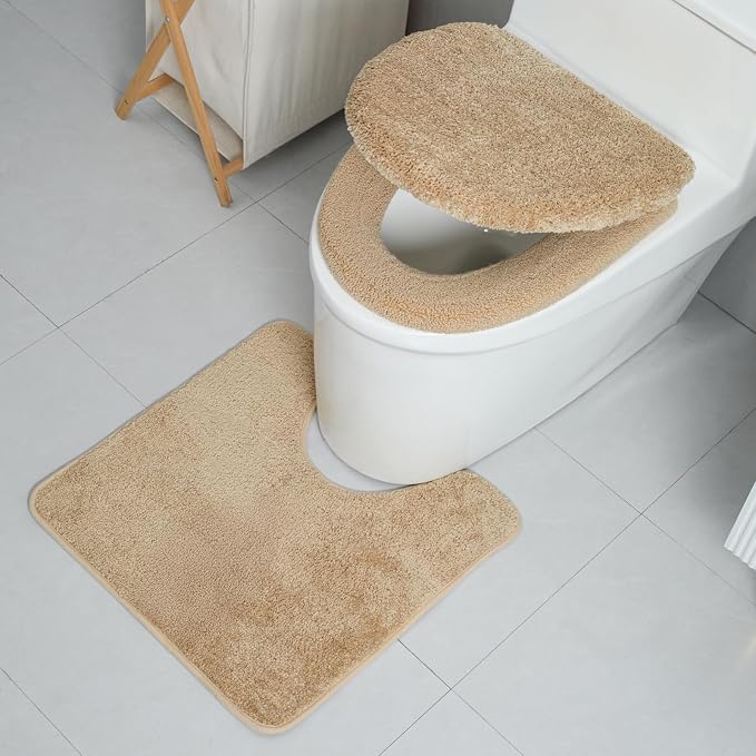 3piece Toilet Seat Cover Set - Toilet Seat Cover +Toilet Lid Cover + toilet rugs u shaped washable, Fits Most Elongated Round and Oblong Toilet(Machine Washable,Quick-Dry) brown