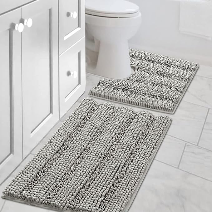 H.VERSAILTEX Bathroom Rugs Bath Rug Set 2 Piece Bathroom Contour Rug Toilet Mat Sets Non Slip Contour Bath Rug Ultra Thick Water Absorbent Striped Bath Mats Washable(20" x 32" Plus 20" x 20" U, Dove)
