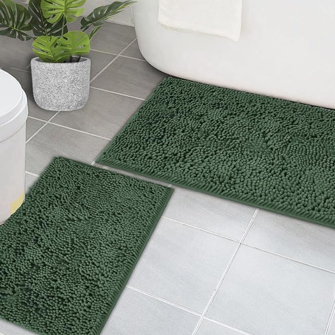 Bathroom Rugs Chenille Bath mat 2 Piece Set, Super Absorbent, PVC Non Slip Backing, Bath mats for Bathroom, Plush Shaggy, Thick, Machine Washable, Bathtub, Shower, Toilet.(Deep Green)