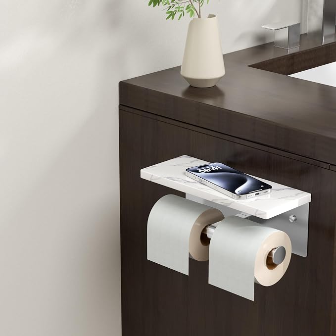 FORIOUS Toilet Paper Holder with Shelf, Marble Wall Mount Tissue Roll Holder for Bathroom, Washroom, 304 Stainless Steel Double Commercial Toilet Tissue Dispensers with Phone Shelf, Brushed Nickel