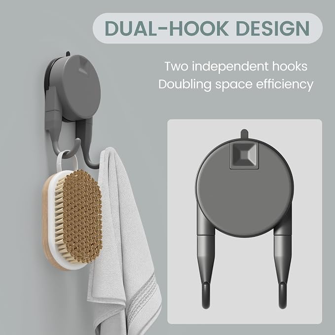 Strong Suction Cup Hooks for Shower, Bathroom, Kitchen, Heavy Duty Hangers for Door Wreaths, Robe, loofah, Towel, Utensils, Removable Wall Hooks for Tile, Glass, Mirror (4 Pack-Gunmetal)