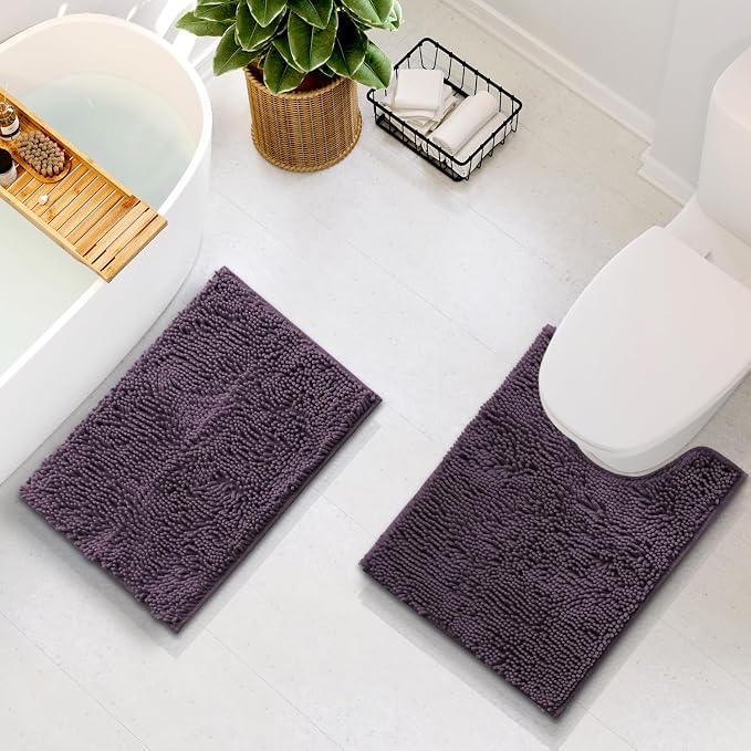 Hearth & Harbor Bathroom Rugs, Chenille Bath Mat - Machine Washable Bath Mats for Bathroom Non-Slip Backing Rubber, Quick Dry Bathroom Mat - Purple 17x24-20x24