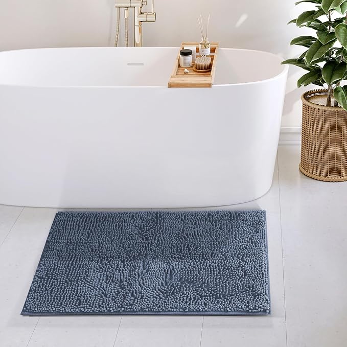 Hearth & Harbor Bathroom Rugs, Chenille Bath Mat - Machine Washable Bath Mats for Bathroom Non-Slip Backing Rubber, Quick Dry Bathroom Mat, 20 x 32 - Stone Blue