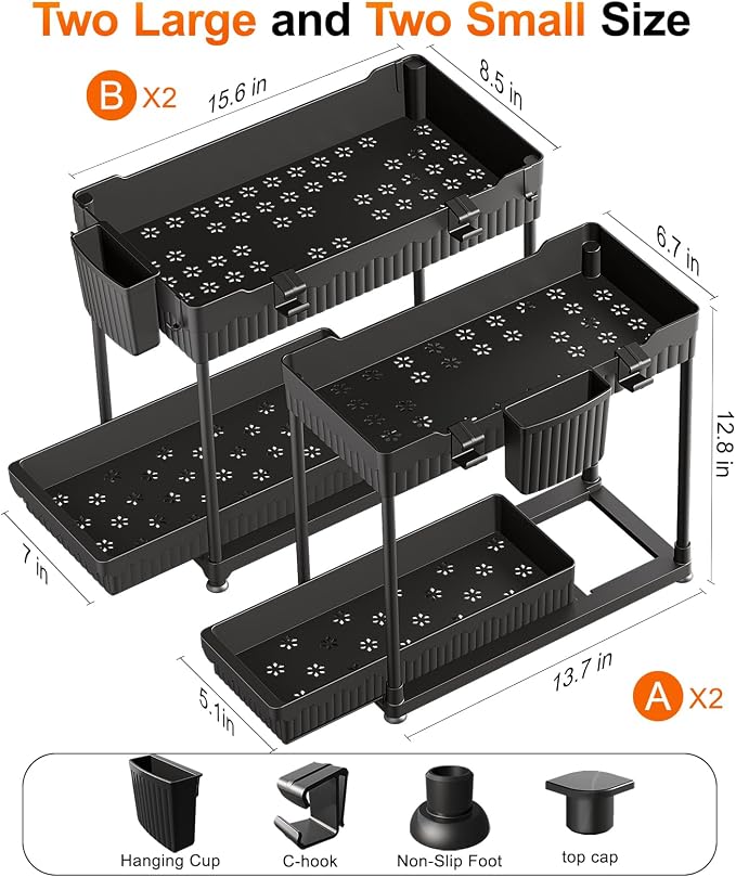Sevenblue 4 Pack Under Sink Organizer, Bathroom Organizers and Storage, 2 Tier Multi-Use Pull Out Cabinet Organizer with Hang Hooks and Cups (Black, 4 Pack) | Multi-use kitchen & bathroom storage. Includes hanging hooks and cups. Black, space-saving ca...