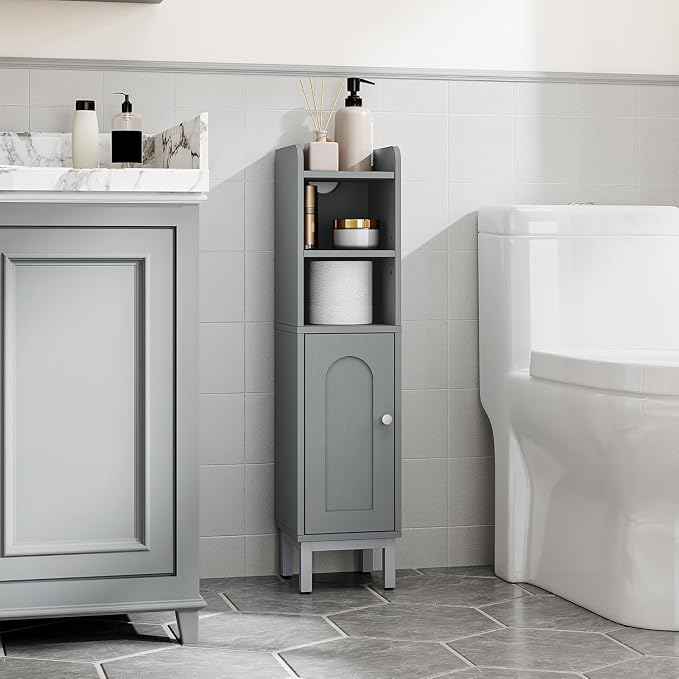 Hzuaneri Bathroom Storage Cabinet, Small Corner Floor Cabinet with Door and Shelves, Narrow Toilet Paper Holder, Bathroom Organizer with Adjustable Shelf, for Small Spaces, Gray BC08221GR
