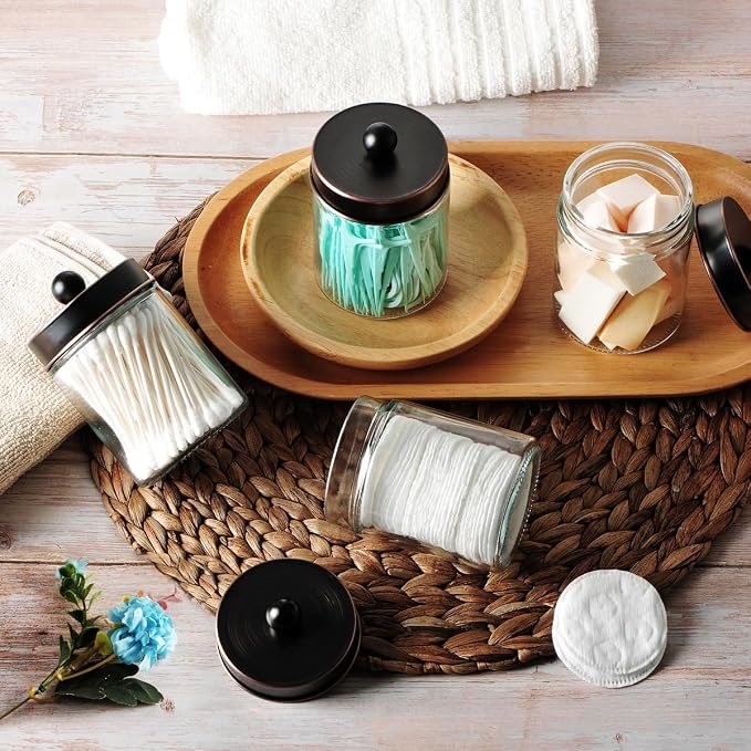 Amolliar Apothecary Jars Bathroom Storage Organizer - Cute Qtip Dispenser Vanity Canister Glass with Lid for Cotton Swabs,Rounds,Bath Salts,Makeup Sponges,Hair Accessories/Oil Rubbed Bronze（2 Pack）