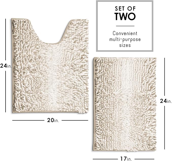 Hearth & Harbor Bathroom Rugs, Chenille Bath Mat - Machine Washable Bath Mats for Bathroom Non-Slip Backing Rubber, Quick Dry Bathroom Mat, 17 x 24 + 20 x 24 - Ombre Beige