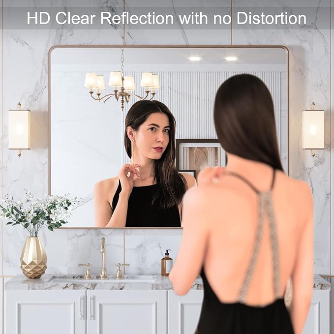LOAAO 40"X30" Gold Bathroom Mirror | Rounded Rectangle, Brushed Gold Frame, Wall-Mounted, Anti-Rust, Tempered Glass, Hangs Horizontally or Vertically