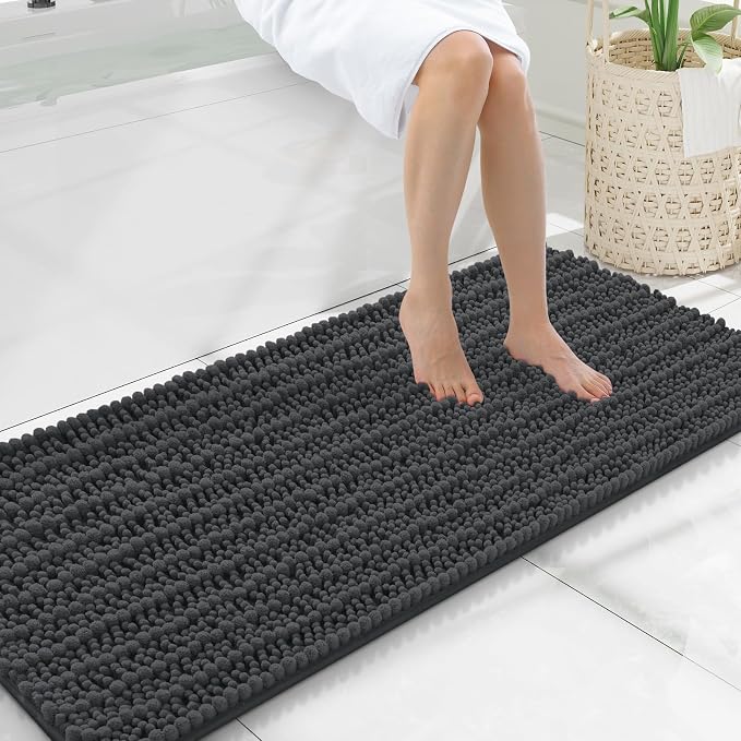 Smiry Bathroom Rugs 47X20, Extra Soft Rubber Backing Chenille Bath Mats | Dark Grey Machine Washable Non Slip Quick Dry Bath Mats for Bathroom Floor, Tub, Shower, Home Decor Accessories