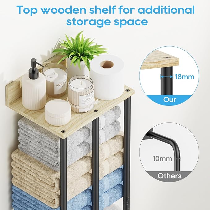 Towel Racks for Bathroom Wall Mounted, 3 Bar Wall Towel Rack | Metal Towel Holder with Wooden Shelf, Sturdy and Large Capacity, Towel Storage Organizer for Rolled Towels