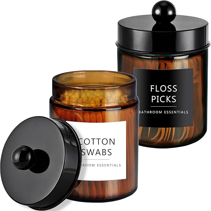 Amolliar Amber Glass Apothecary Jars Qtip Holder w/Plastic Lids,Black 2pc | for Bathroom Vanity Storage, Countertop, Farmhouse Style, Holds Cotton Swabs, Dental Floss, Makeup Sponges