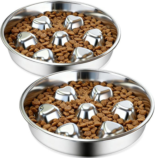 2 Pack Stainless Steel Slow Feeder Dog Bowls, Non-Slip Metal Pet Bowls for Fast Eaters, Anti-Gulping Bloat Prevention Dog Food Bowls, Easy to Clean for Small Breeds