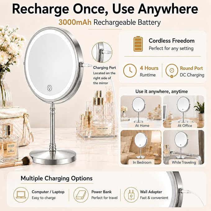 DEIOVWXS Makeup Mirror, Rechargeable Vanity Mirror with 3 Lights, 1X/10X | Adjustable Brightness, 3000mAh, Double-Sided, Gift for Mom, Women, Wife, Girls, Dorm Room Essential