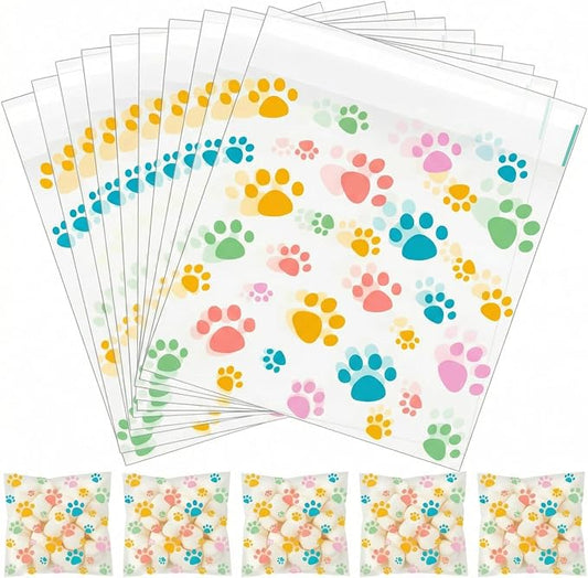 Pasimy 200 Pcs Paw Plastic Bags Pet Cellophane Bags Self-adhesive Clear Treat Pouches for Pet Dog Theme Party Supplies Decor(Spring Color)