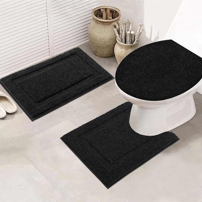 SHACOS 3 Piece Bathroom Rug Set with Toilet Lid Cover, Extra Soft Absorbent | Microfiber Bath Rugs 20"x32" and U-Shaped Toilet, Machine Washable Bath Mats for Bathroom Floor, Tub and Shower, Black
