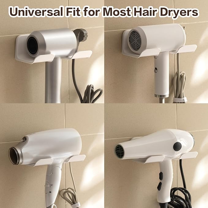 Universal Hair Dryer Holder Wall Mount -2PCS Adhesive Blow Dryer Holder With Plug Slot Organizer Hanger for Bathroom Cabinet Storage, Fits Most Hair Dryers, White