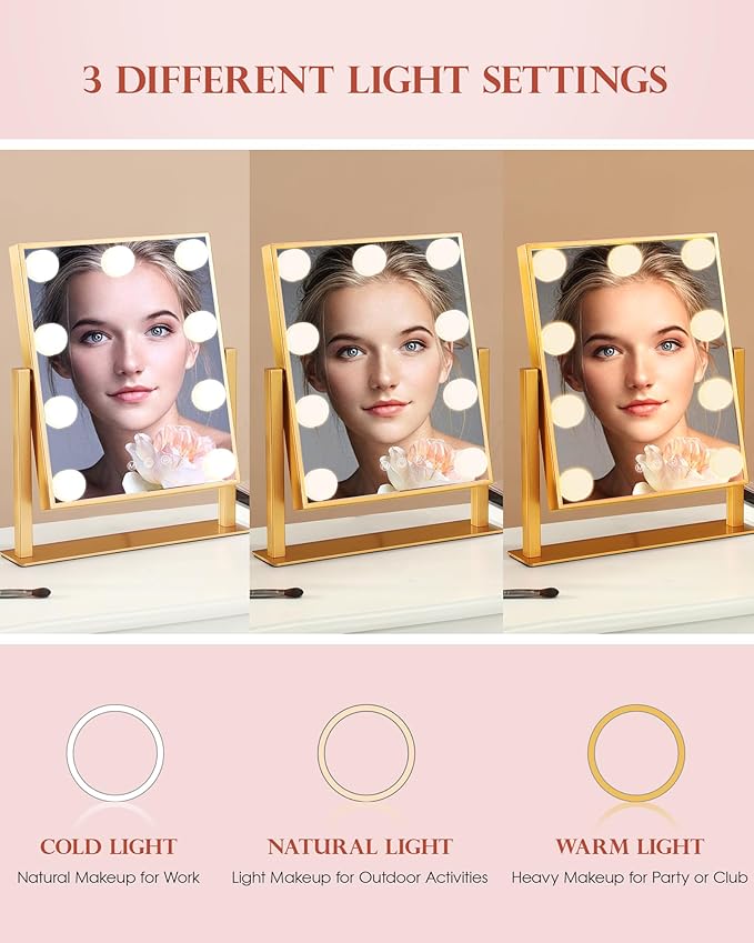 BWLLNI Lighted Makeup Mirror, Gold Vanity Mirror with Lights,9 LED Bulbs | Hollywood Mirror Touch Control Design 3 Colors Dimmable Bulbs Detachable 10X Magnification 360°Rotation