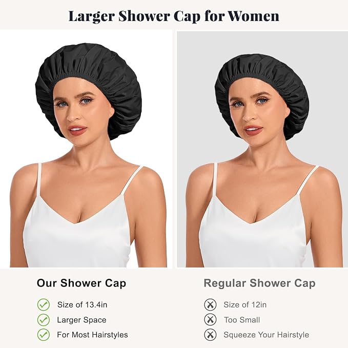 Shower Cap for Women Waterproof Reusable, Large Shower Cap Non-Slip with Elastic Band, Washable Bath Hair Hat for Long Hair, Braids (Black)