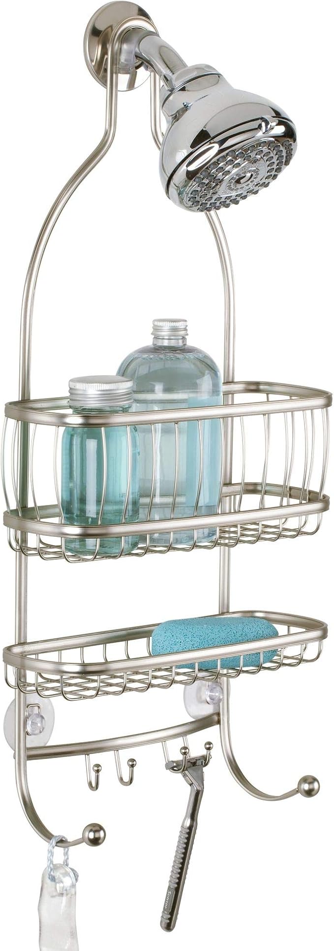 iDesign York Metal Wire Hanging Shower Caddy, Satin Silver | Extra Wide Space, 9.75" x 4" x 22", Hooks for Razors, Towels, For Shampoo, Conditioner, Soap