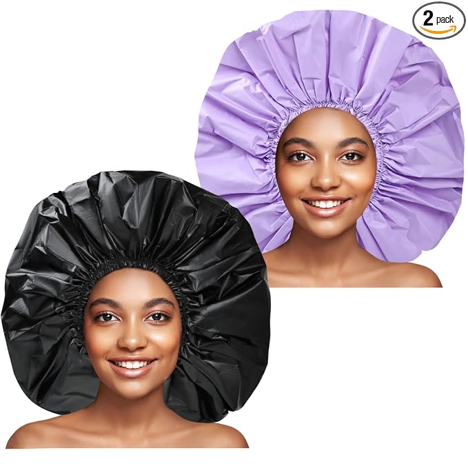 Super Jumbo Shower Cap for Women, 2 PCS Waterproof Hair Caps for Locs | Extra Large, Double Side Reusable PEVA Bath Cap, Washable, Holds Long Thick Twist Braid - Black + Purple