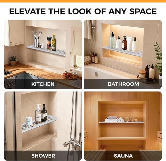 Shower Niche Shelf Fit for Schluter Prefabricated Kerdi Board SN/-SNLT, 4mm Thick, Love Clover Design, Brushed Finish, 304 Stainless Steel Material, Ideal for Use in Tiled Wall Applications