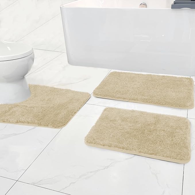 RUN HELIX Bathroom Rugs Sets 3 Piece, Luxury Microfiber Extra Soft Bath Rugs Set, Absorbent Water Shaggy Bath Mats, Non-Slip TPR Backing, Machine Washable, for Bathroom, Tub and Shower, Beige