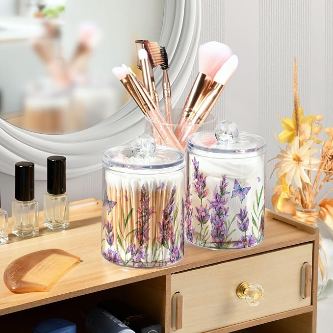 ALAZA 4 Pack Qtip Holder Dispenser for Cotton Ball Lavender Flower Purple Cotton Swab Round Pads Clear Plastic Acrylic Jar Set Bathroom Canister